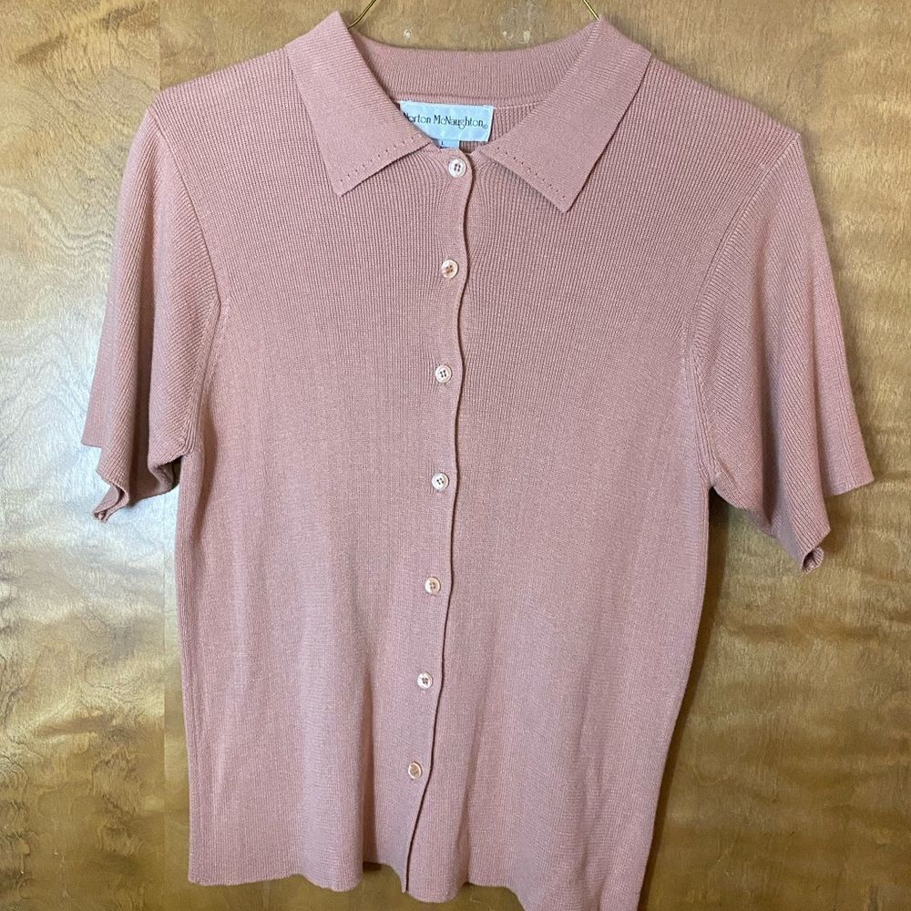NORTON Mcnaughton vintage soft rose pink short sleeve button front fine sweater